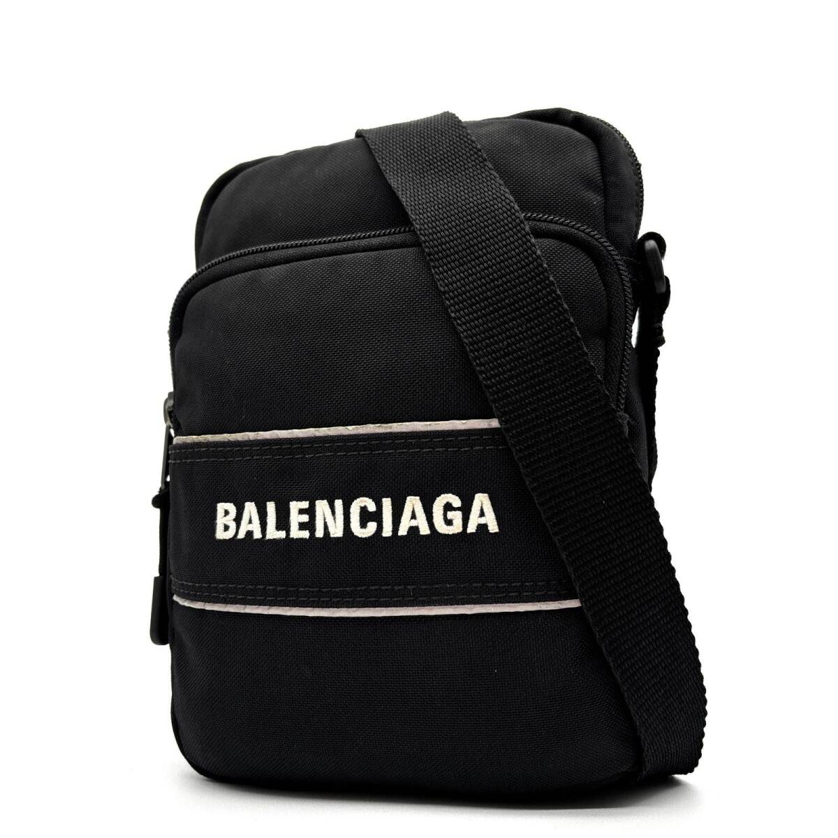 美品 BALENCIAGA バレンシアガ エクスプローラー ポーチ ストラップ ショルダーバッグ ナイロン キャンバス ブラック 黒 ロゴ 刺繍