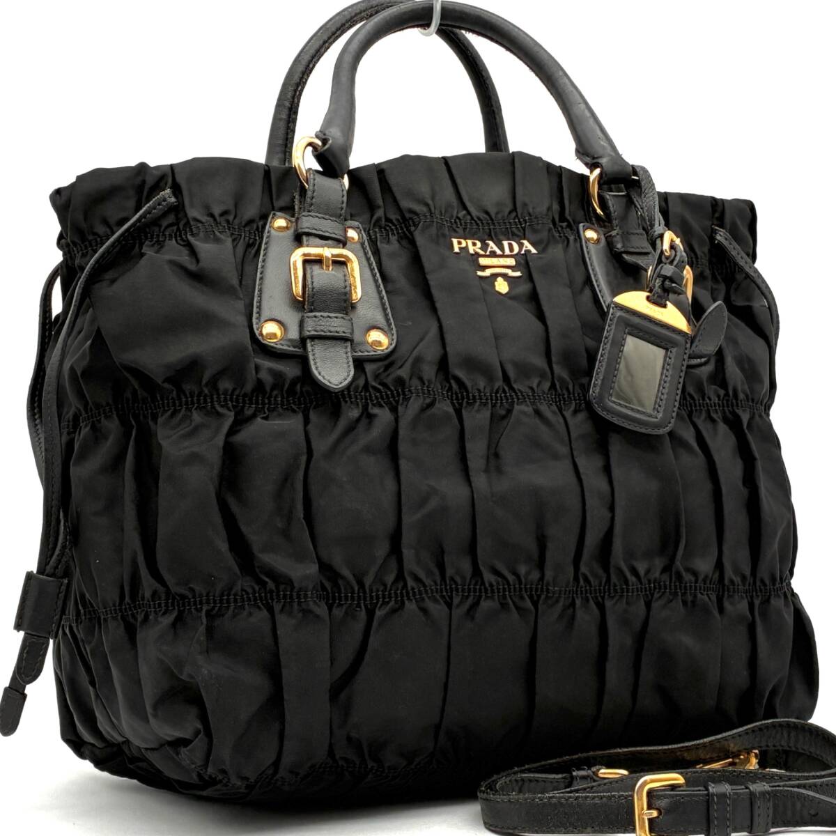 良品 PRADA プラダ テスート ゴーフル ギャザー 2way ハンドバッグ トートバッグ ナイロン レザー ブラック ゴールド金具 白タグ 肩掛け A4