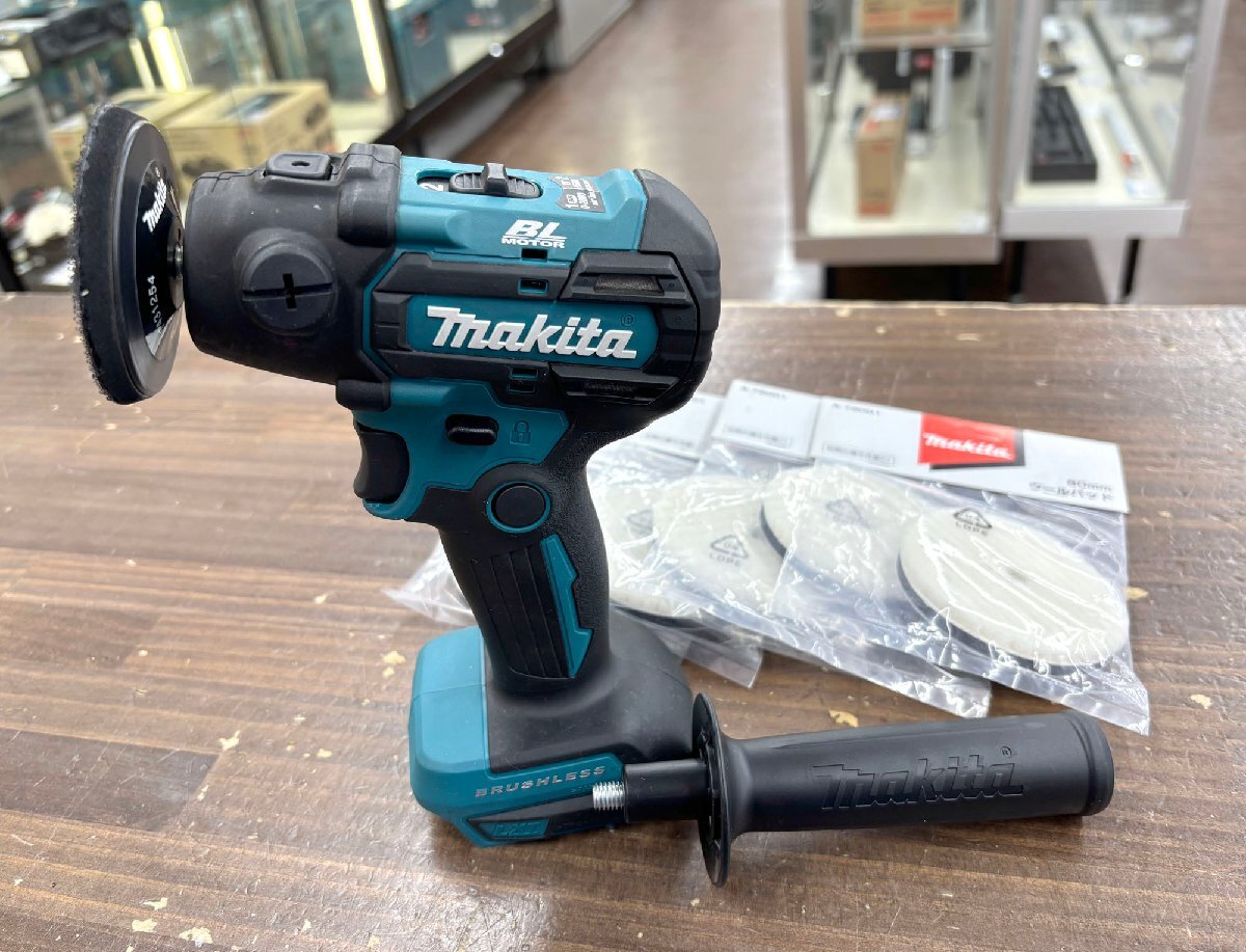 makita/マキタ 充電式サンダポリッシャ+ウールパッド80mm(5枚) PV300D/A-72001 サイドグリップ付 速度切替レバー 動作確認済