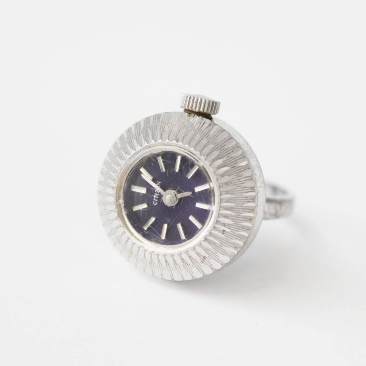 W260312-08 CITIZEN シチズン 671953 リングウォッチ 時計 手巻き 稼働 文字盤ブラック 2針 アナログ シルバー