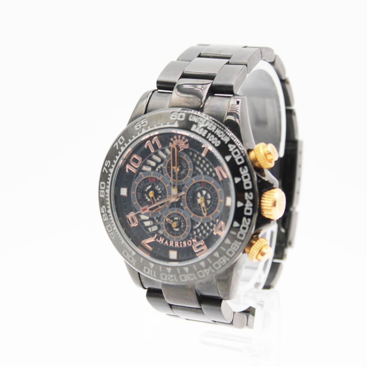 W260319-06 J.HARRISON AUTOMATIC ジョンハリソン J.H-002 メンズ腕時計 自動巻き 稼働品 文字盤ブラック 裏蓋スケルトン 3針 アナログ