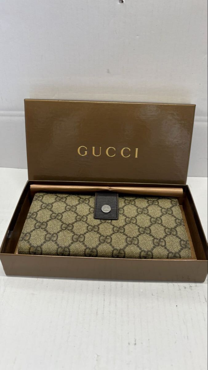 GUCCI ヴィンテージ　総柄　GGスプリーム　長財布　ブラウン　箱付き　PCV レザー　革　ロングウォレット