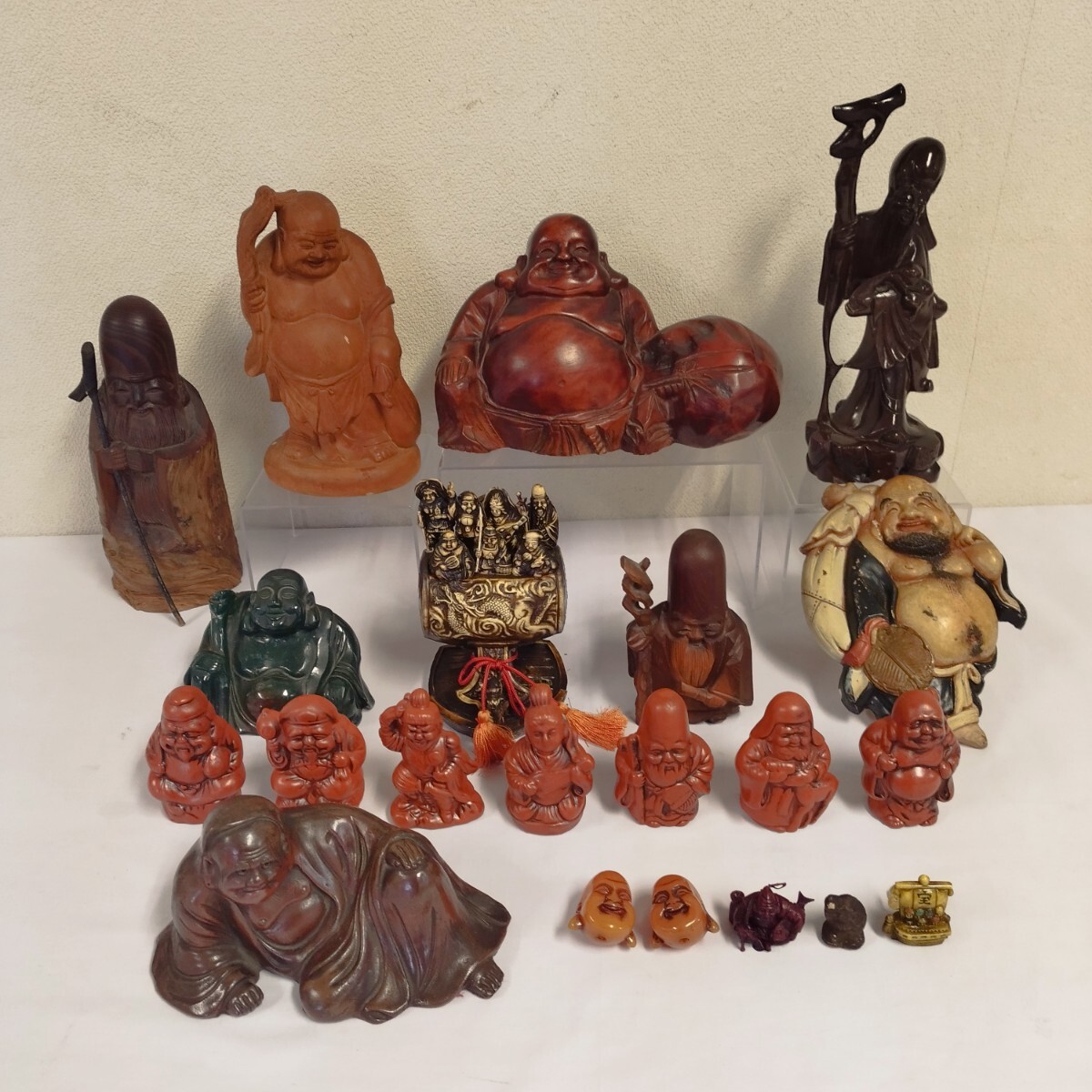 七福神 置物 まとめ セット 縁起物 オブジェ 木彫り 彫刻 仏教美術 陶器 天然石 工芸品 恵比寿 大黒天 毘沙門天 弁財天 布袋 福禄寿 寿老人