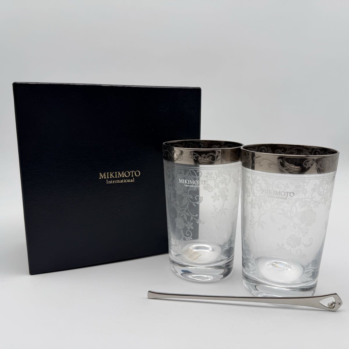 【MIKIMOTO】ミキモト ◆ タンブラー ペアグラス マドラー 真珠 パール クリア シルバー 箱付き YS260310-015