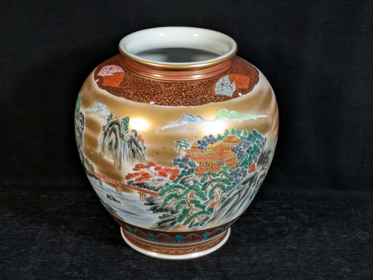 九谷焼 錦水 風景 山水画 金彩色絵 壺 花瓶 花器 高さ約30.5cm_HJF_D0326-J006