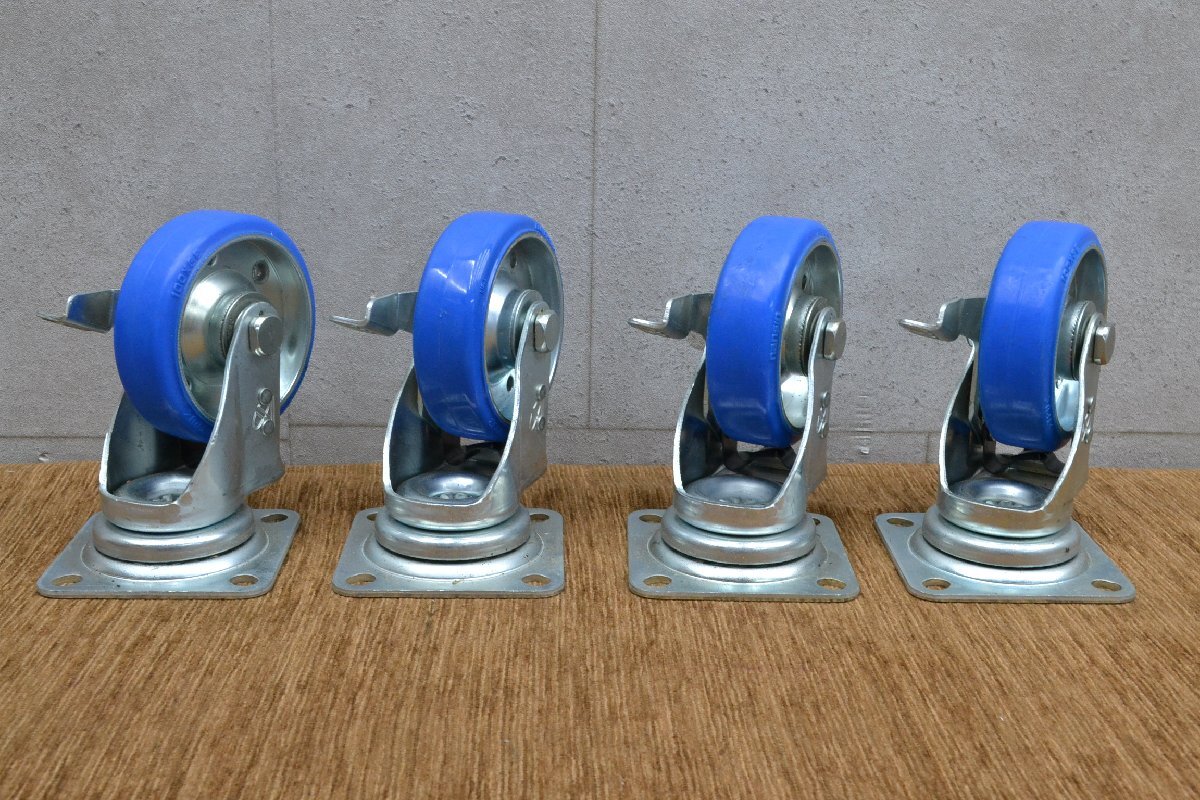 C3198■nansin ナンシン キャスター 4個セット STM自在車ウレタン車輪 車輪直径 約95mm ストッパー付き 鉄板ホイールウレタン巻き車輪