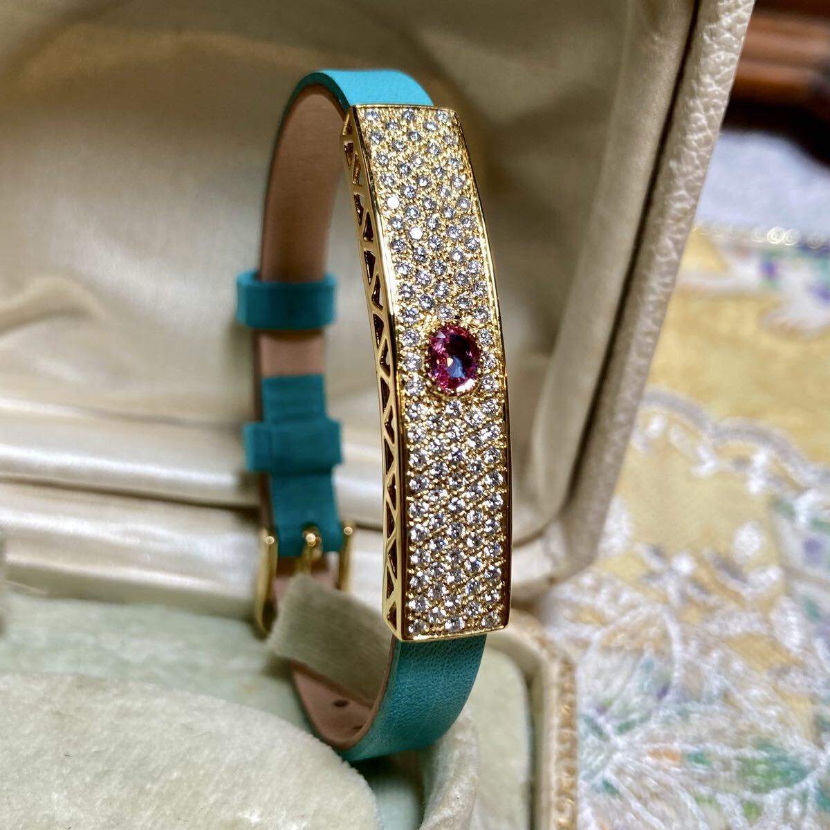 k18 非加熱パパラチアサファイア　ダイヤモンド　ブレスレット　革バンド付き バングル