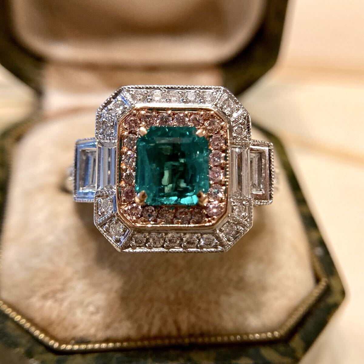 pt800 k18ニューヨークセレブの為のジュエラー　GREGG RUTH コロンビア産エメラルドF1 指輪リング ピンクダイヤモンド