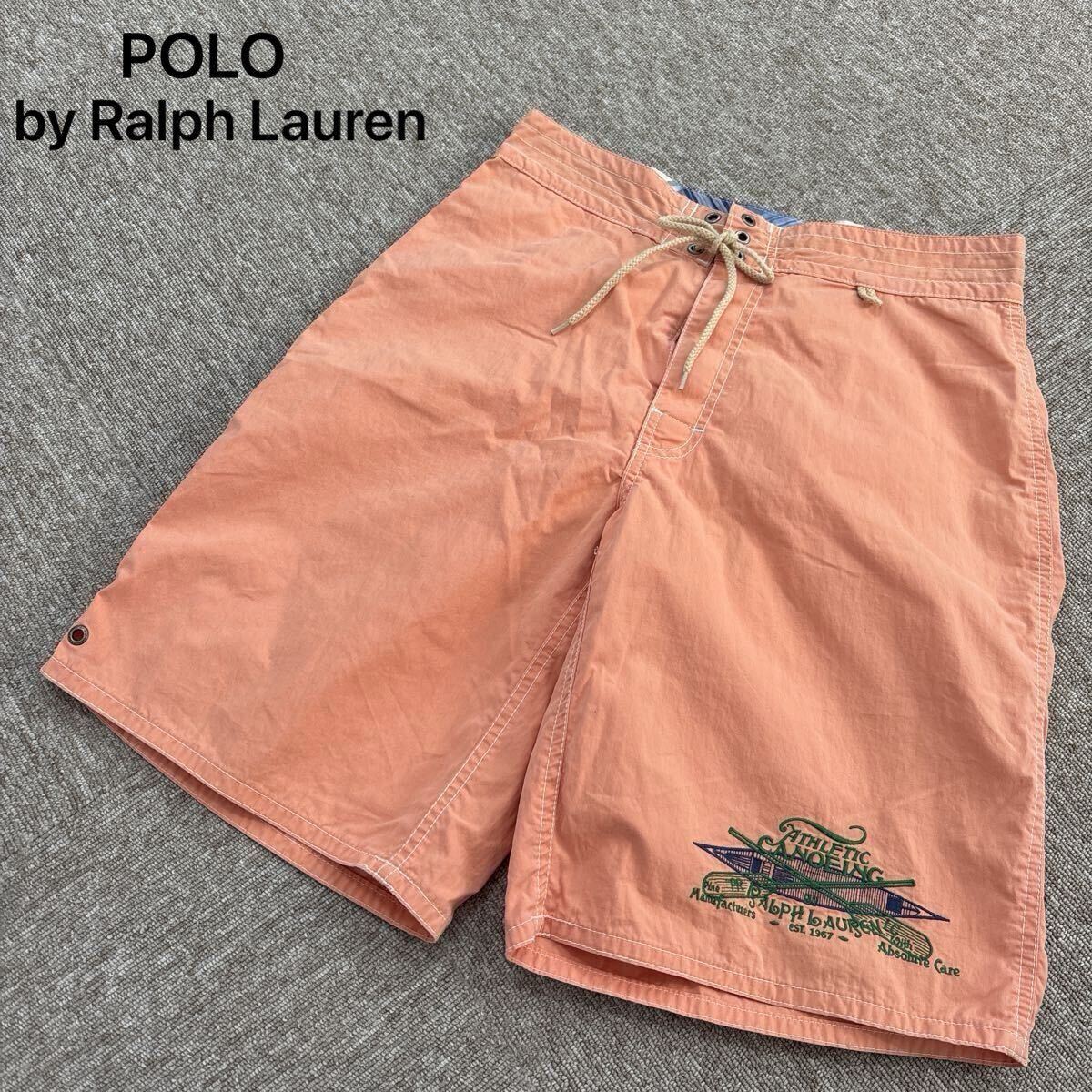 【A378】POLO by Ralph Lauren ポロバイラルフローレン ハーフパンツ　半パン　ショートパンツ メンズ30 緑　ロゴ刺繍　オレンジ