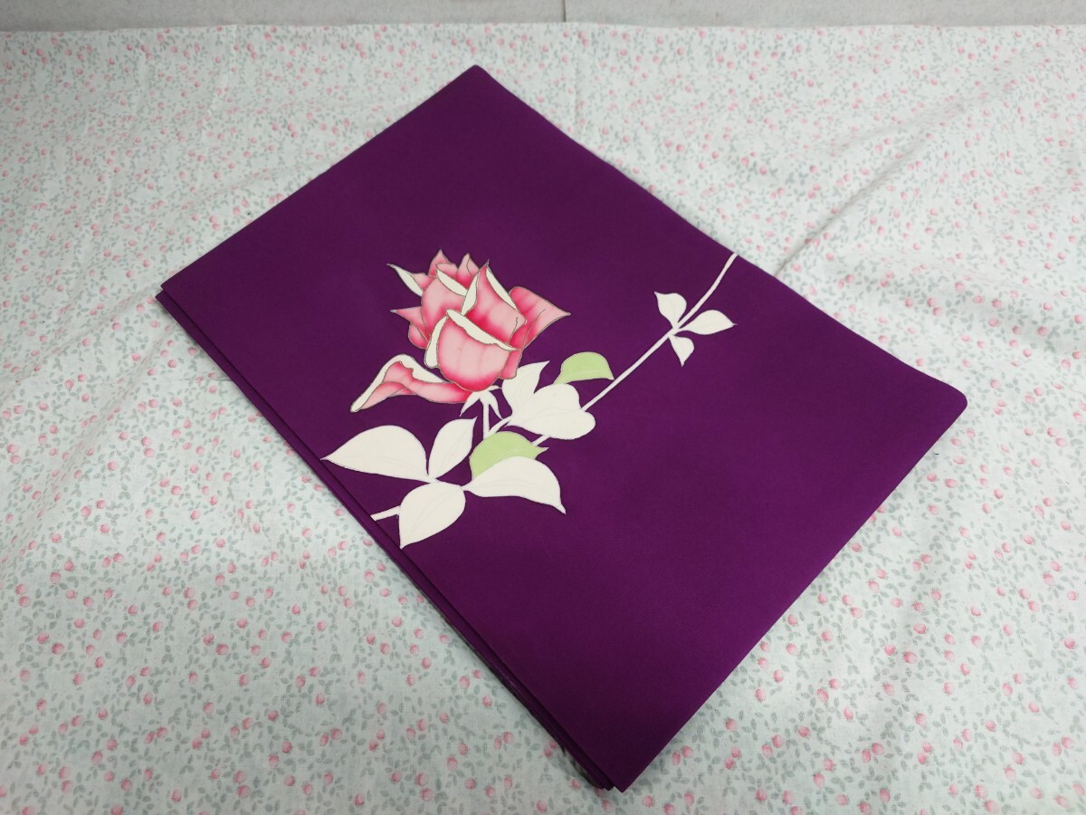 ● 280 塩瀬 紫 おそらく 手描き 美しく咲く 薔薇 花 葉 オシャレ 素敵 名古屋帯 帯 存在感抜群 レトロ アンティーク 中古 汚れあり ①