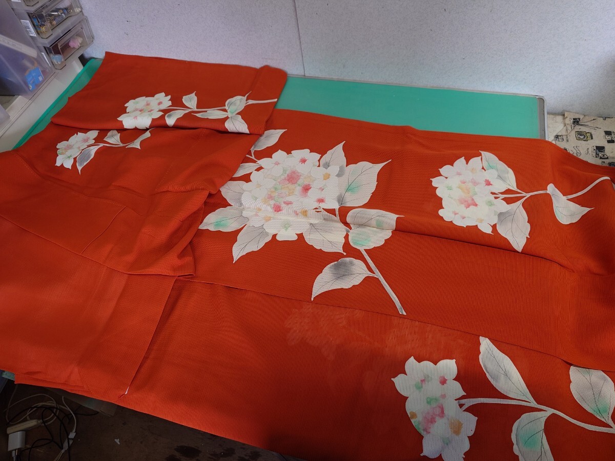 ●223 くすみオレンジ レトロ パステルカラー 紫陽花 柄 絽 紗 夏 着物 ふくよかサイズ 粋 可愛い 清楚 大和撫子 アンティーク 中古 ①