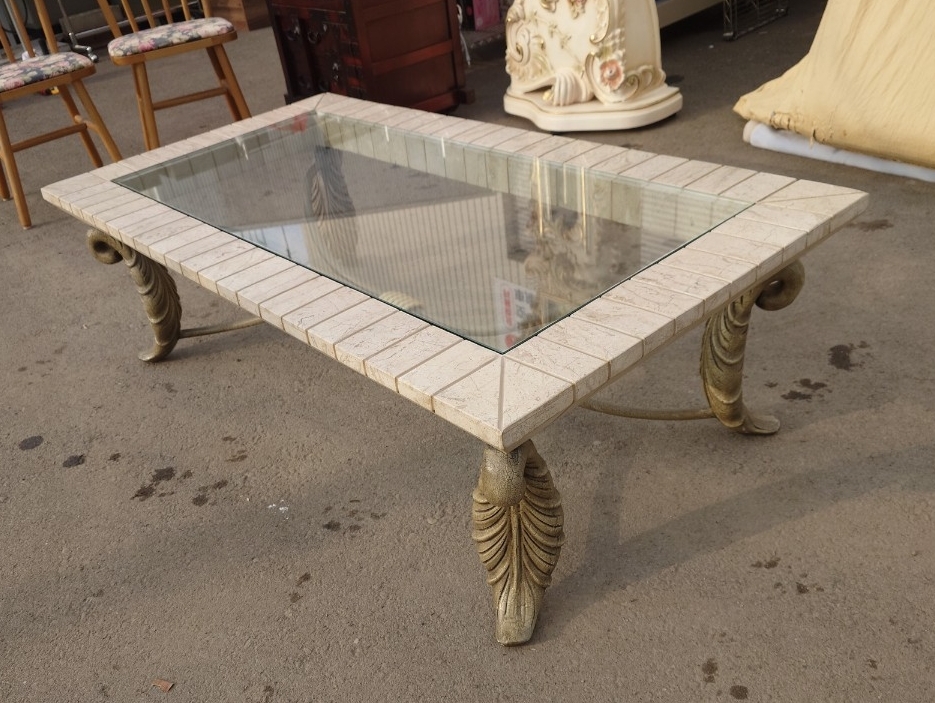 ●輸入家具 ロココ調 ストーン ガラステーブル ローテーブル センター リビング テーブル MADE IN ITALY GG 130×71×41 デザイン脚 猫脚③