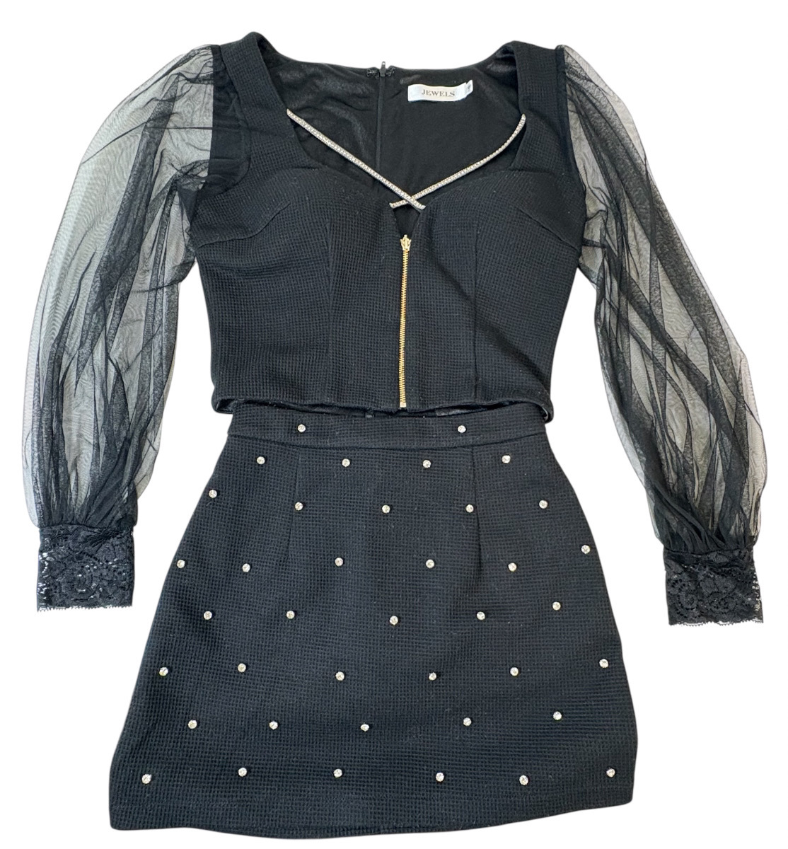 13362-044★JEWELS シアースリーブ セットアップ S ブラック ビジュー ミニドレス★