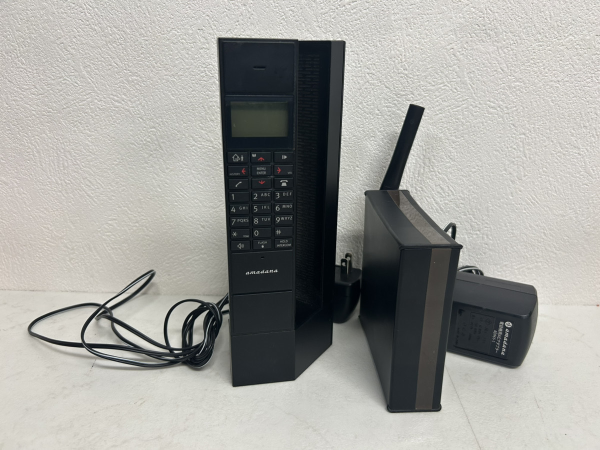 13549-092★ ♪通電確認済♪amadana デザインコードレスホン　PT-408 子機/充電器つき ブラック★