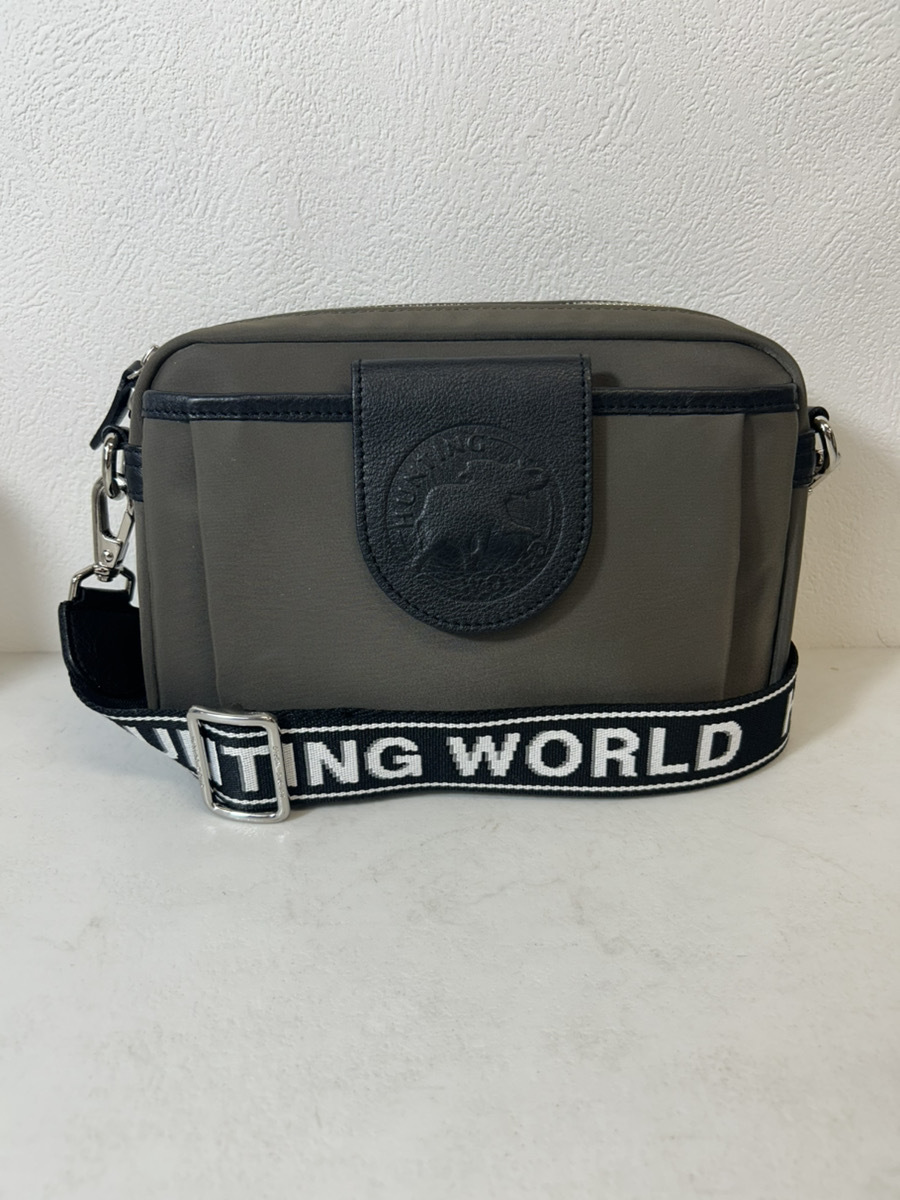 13700-062★ HUNTING WORLD/内側レオパード/ショルダーバッグ/ナイロン/カーキ/無地/レザー★