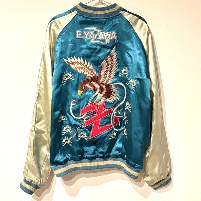 【ヴィンテージ】矢沢永吉 E.YAZAWA スカジャン Lサイズ 虎 鷹 リバーシブル グリーン×ブラック 刺繍 ロゴ グッズ ロックンロール ファン