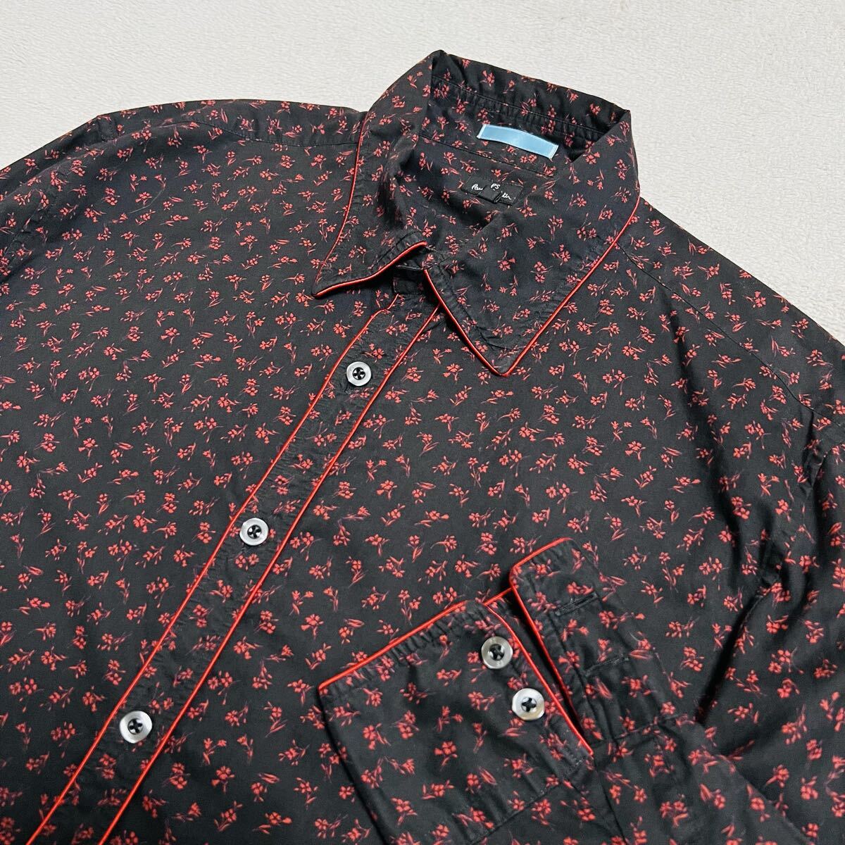 ★送料360円★美品 Paul Smith ポールスミス 日本製 長袖シャツ 花柄 総柄 黒×赤 ブラック メンズ サイズL チャイナパイピング R-8872