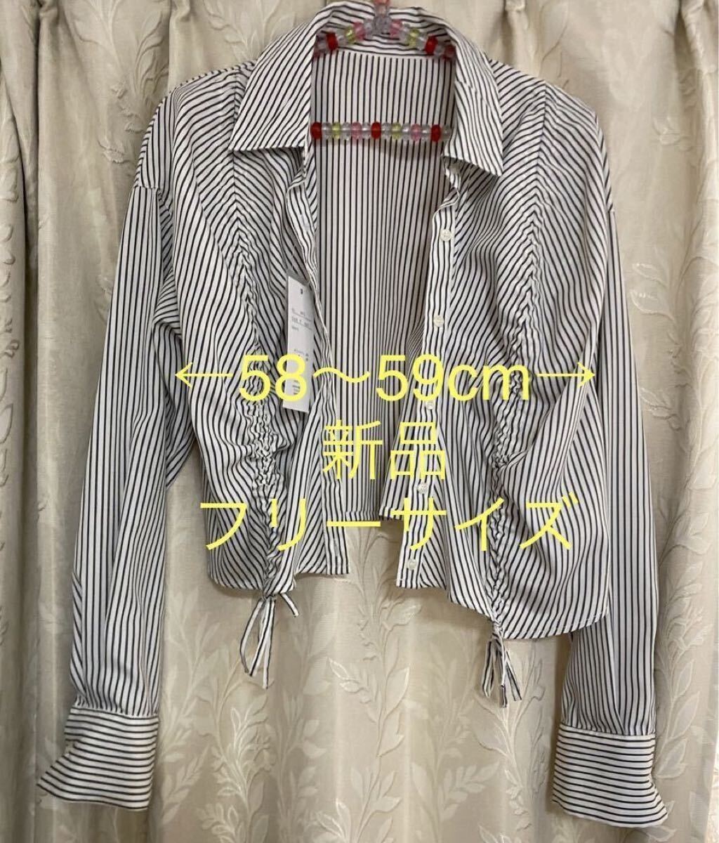 長袖 ストライプ シャツ ブラウス ボーダー　ショート丈　ストライプ柄　オフィス　オフィスカジュアル　フリー　Mくらい