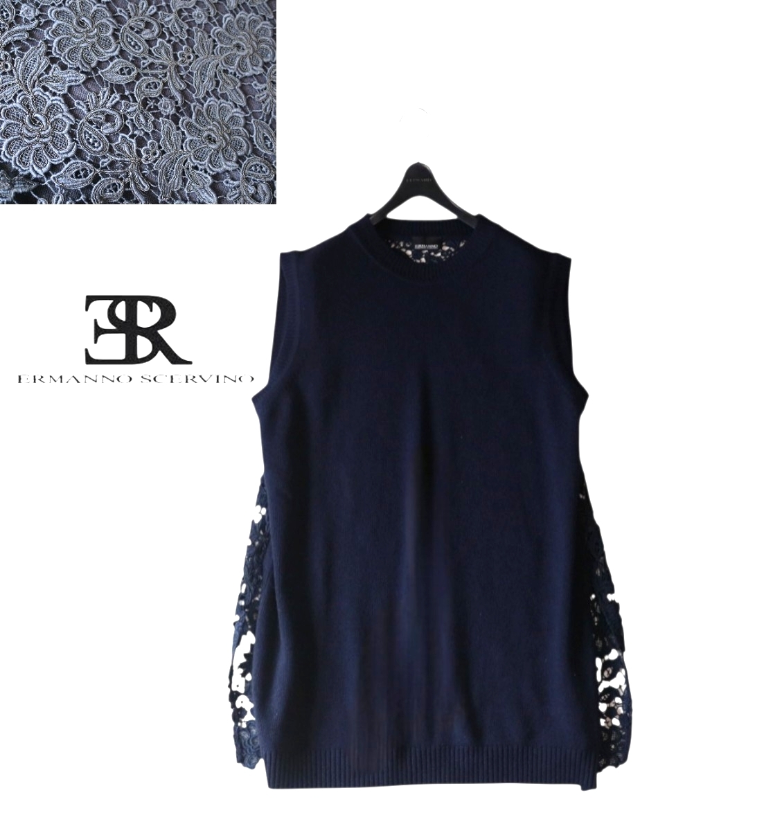 新品同様★エルマノシェルビーノ ERMANOSCERVINO★Italy製★春・背面総レース サイドスリット入りベスト セーター size 44/L～LL相当