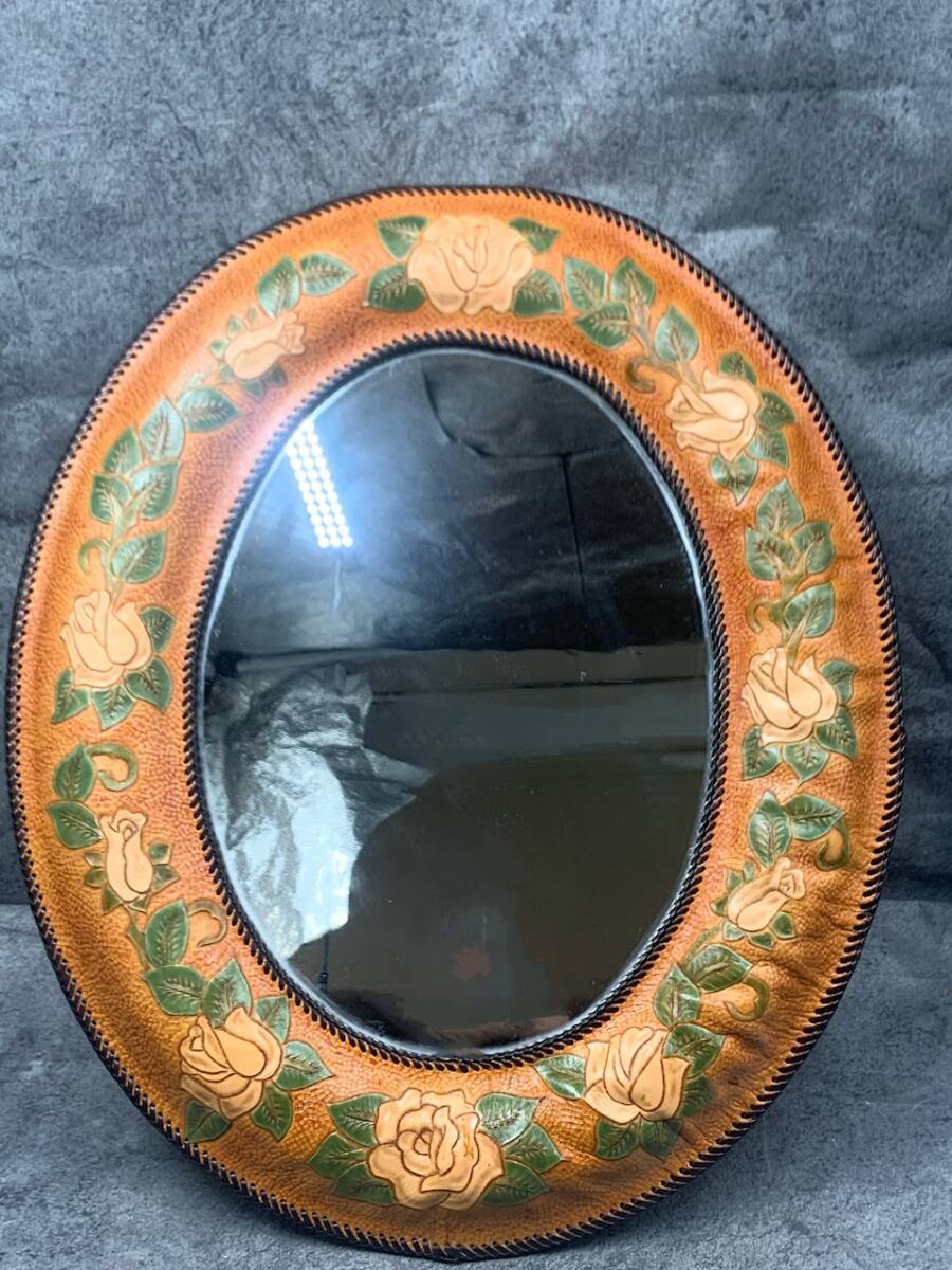 【 レトロ アンティーク 革額装 壁掛け鏡 ② 】鏡 ミラー インテリア