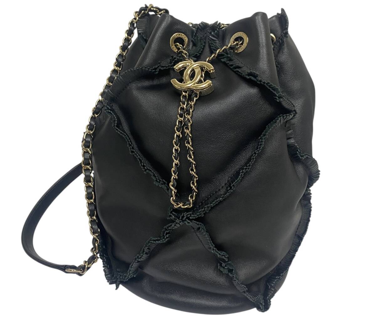 超美品◎CHANEL シャネル 巾着ショルダーバッグ ココマーク金具 ラムスキン フリンジ チェーンバッグ ブラック系 AS1613