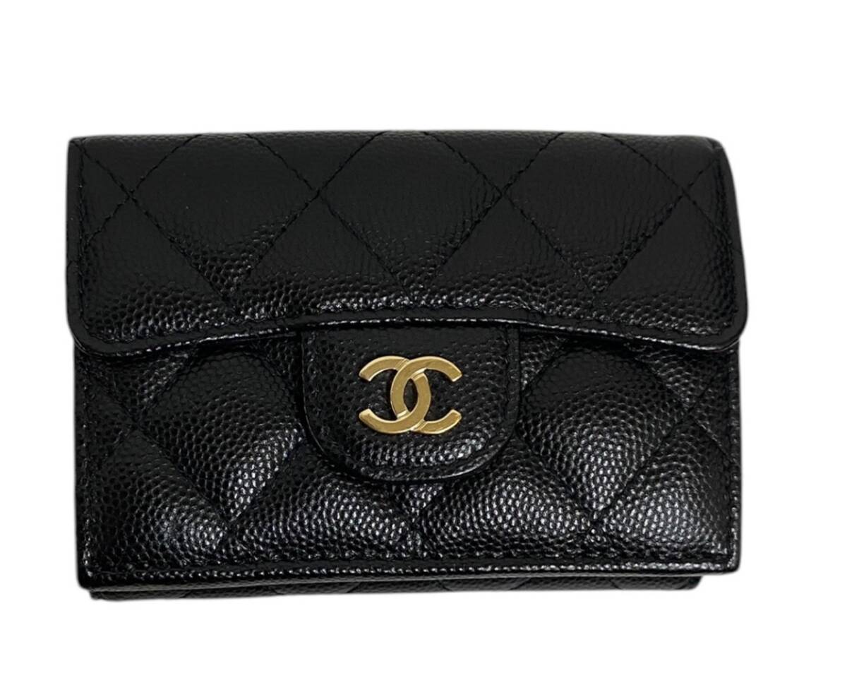 美品◎CHANEL シャネル キャビアスキン クラシック スモール フラップ ウォレット 三つ折り財布 ココマーク マトラッセ ミニ財布 ブラック