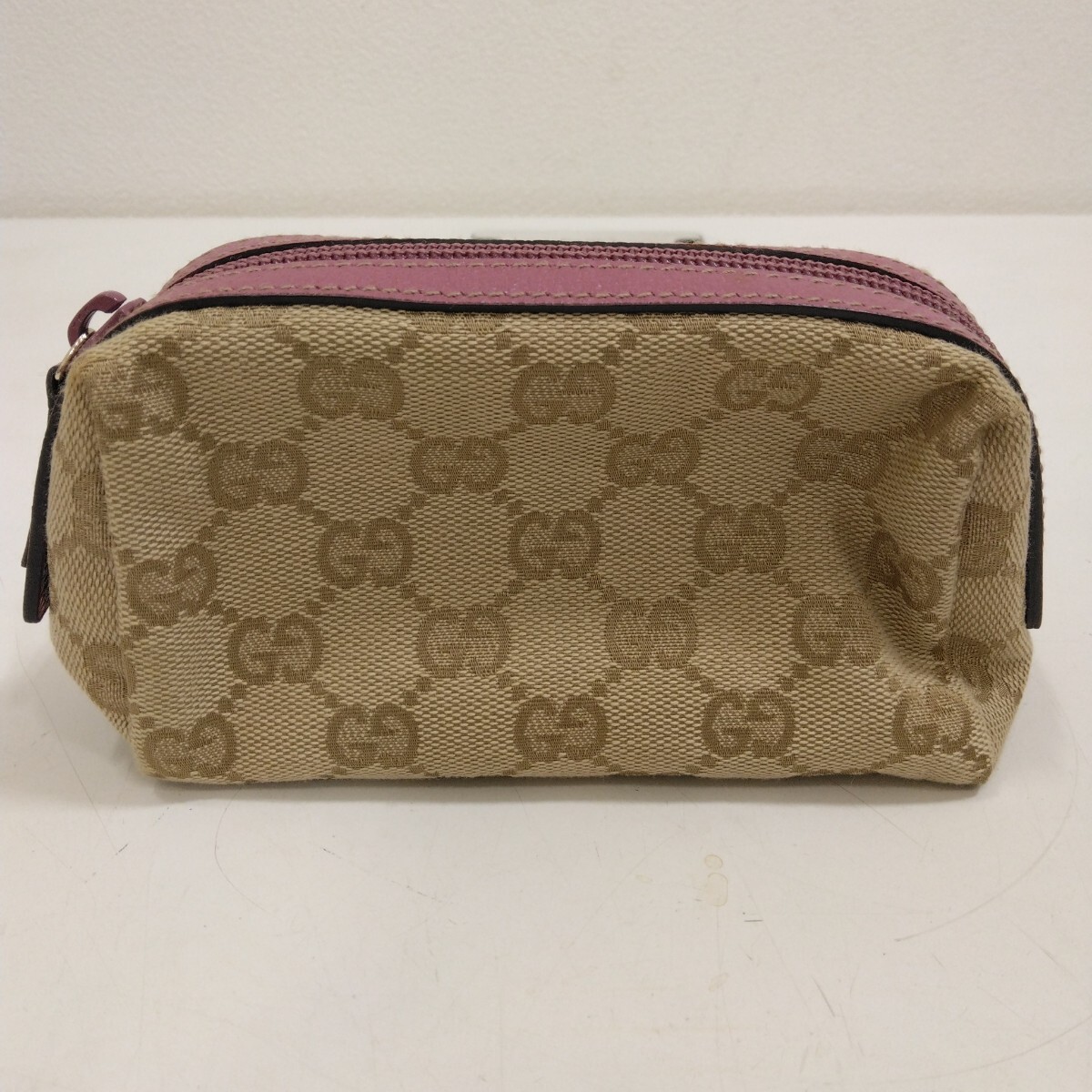 GUCCI グッチ 29596 GG柄 GGキャンバス×レザー マルチポーチ メイクポーチ マルチケース 小物入れ ブラウン系×ピンク系 美品