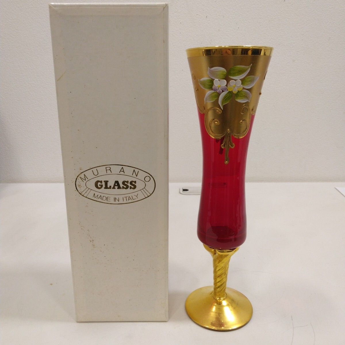 グラス ムラーノガラス Murano ベネチアンガラス レッド 金彩 花紋 イタリア製 グラス ガラス工芸品 未使用長期保管品