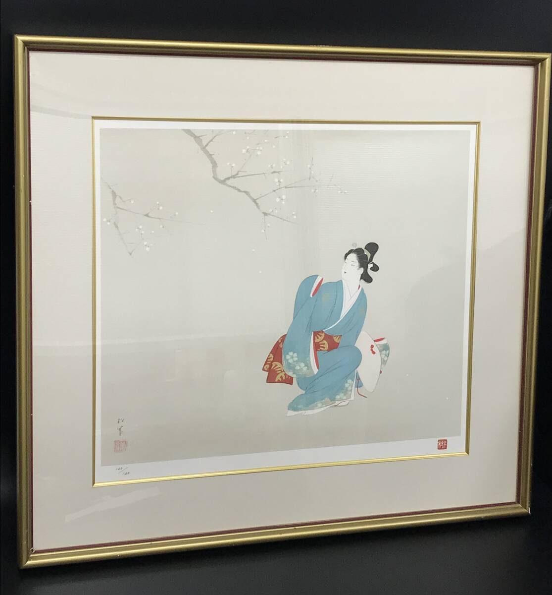 N1293 真作保証 上村松園 『 花三題 春の旅 』 120/120 サイン入り 版画 額約55cm×約61cm インテリア アート 壁掛け 