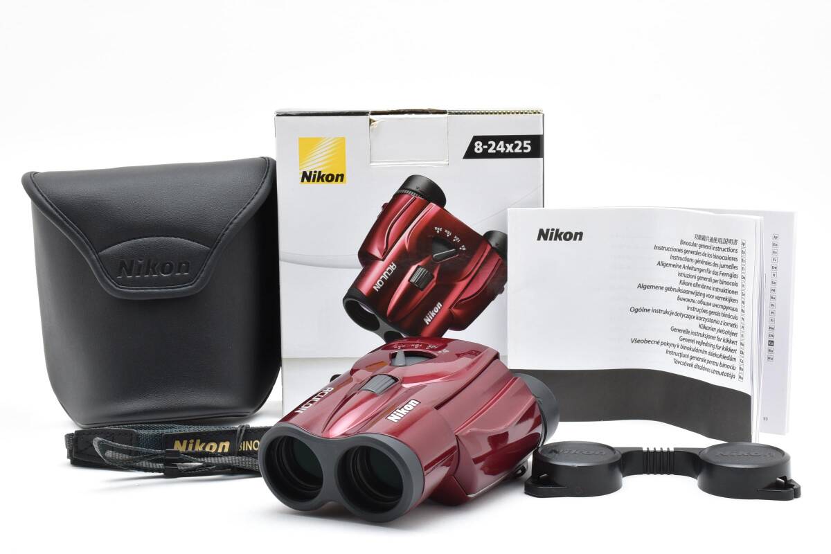 ■ ほぼ新品 ■ ニコン　Nikon ACULON T11 8-24x25 4.6° at 8×ZOOM レッド 《動作確認済・付属品多数・元箱付》 ズーム 双眼鏡 #A101908M