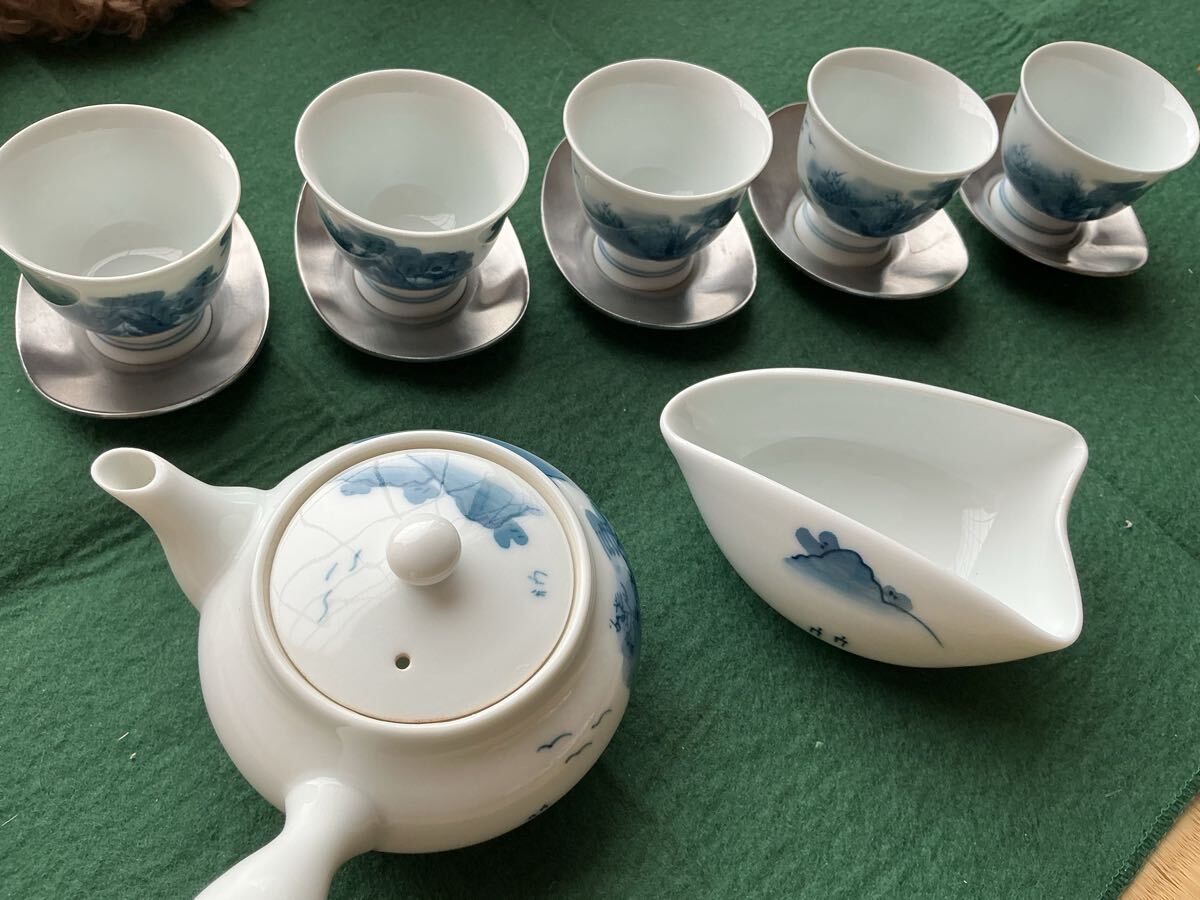 ［114］煎茶道具セット 染付山水 急須 湯冷まし 煎茶碗5客 茶托5枚 萬銘 秀峯 茶器揃