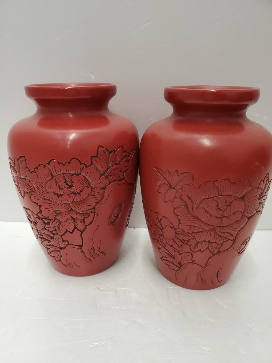 Mi★1円～【保管品】 村上堆朱2点おまとめ 村上堆朱振興会認定品 花瓶 花器 花入 漆器 骨董 0320①