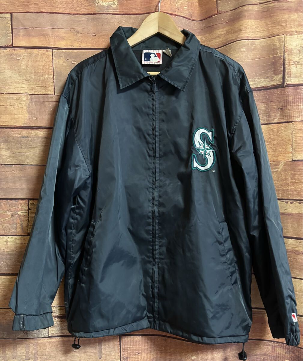 【中古】シアトル マリナーズ ナイロン コーチ ジャケット Lサイズ major league baseball グッズ 汚れあり ドローコード ネイビー DM0325M