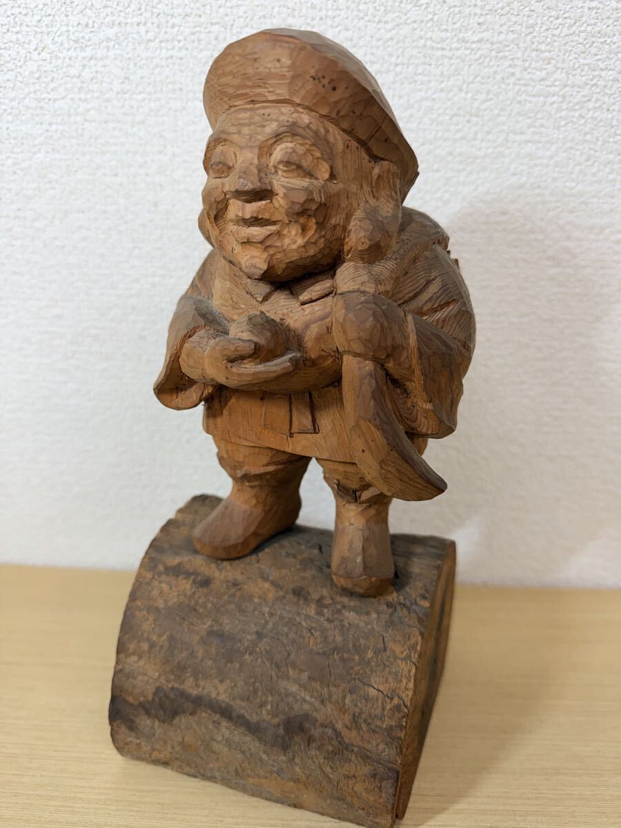 ZA4212 木彫り 大黒天 七福神 縁起物 置物 和風 オブジェ 木製 時代物 木彫 大黒天像 骨董品 古美術品 七福神の置物 商売繁盛 高さ約25cm