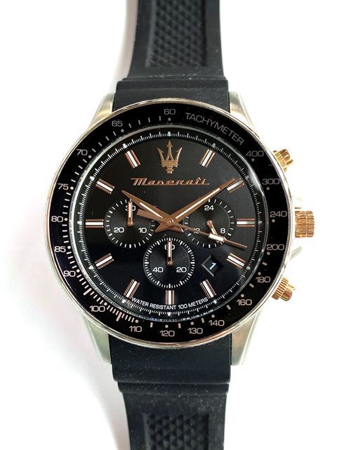 【即決/美品】 MASERATI マセラティ クロノグラフ 8871640002 黒 ブラック SS ラバー シリコン 腕時計 メンズ