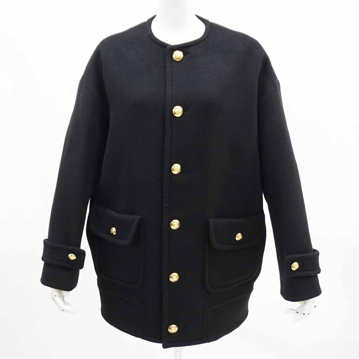 ◇美品【CELINE セリーヌ】カシミヤ ノーカラーコート 2M20B6700 ブラック 34