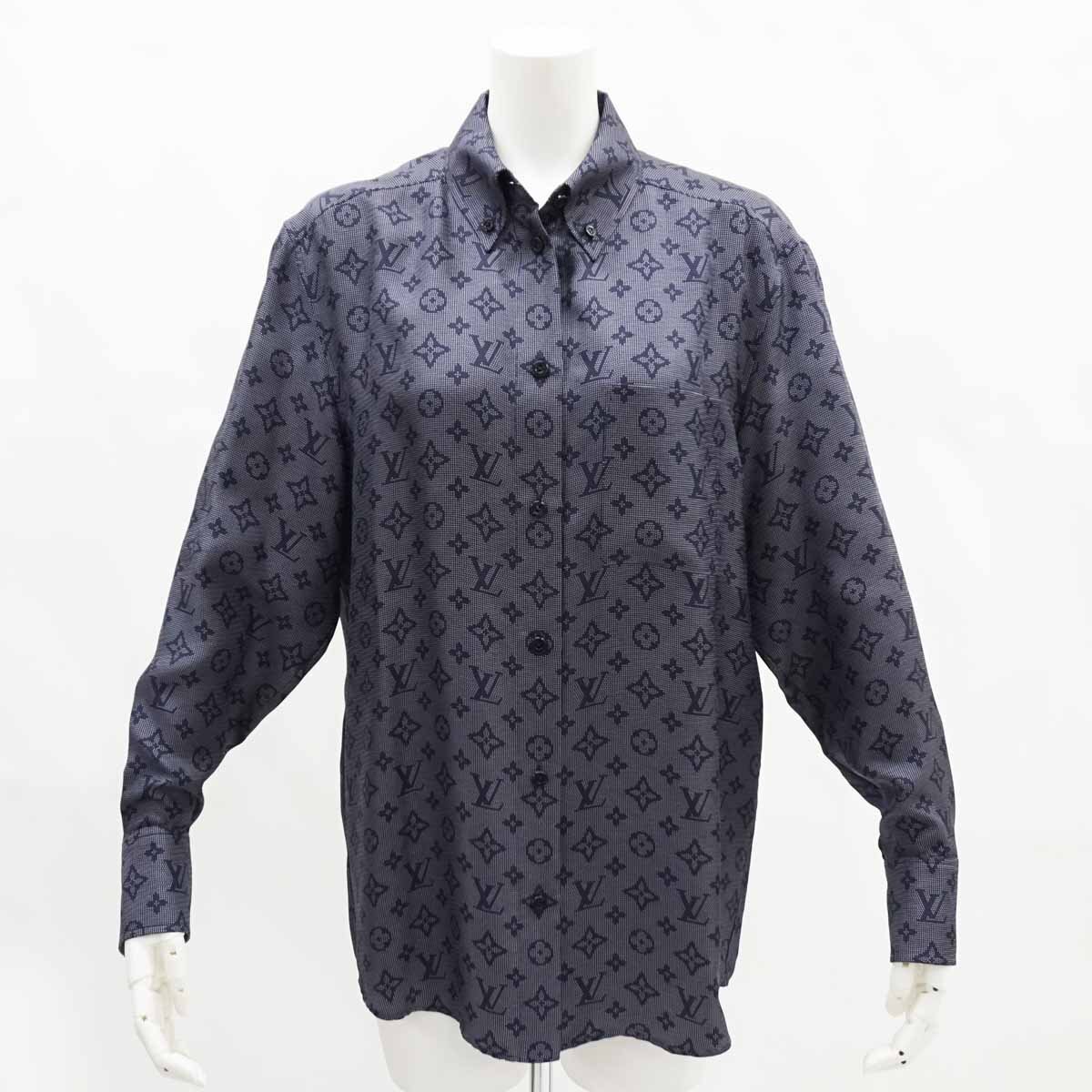 ◆美品【LOUIS VUITTON ルイ・ヴィトン】シルク モノグラム 長袖シャツ RW232W Z58 FPBL06 ネイビー 34