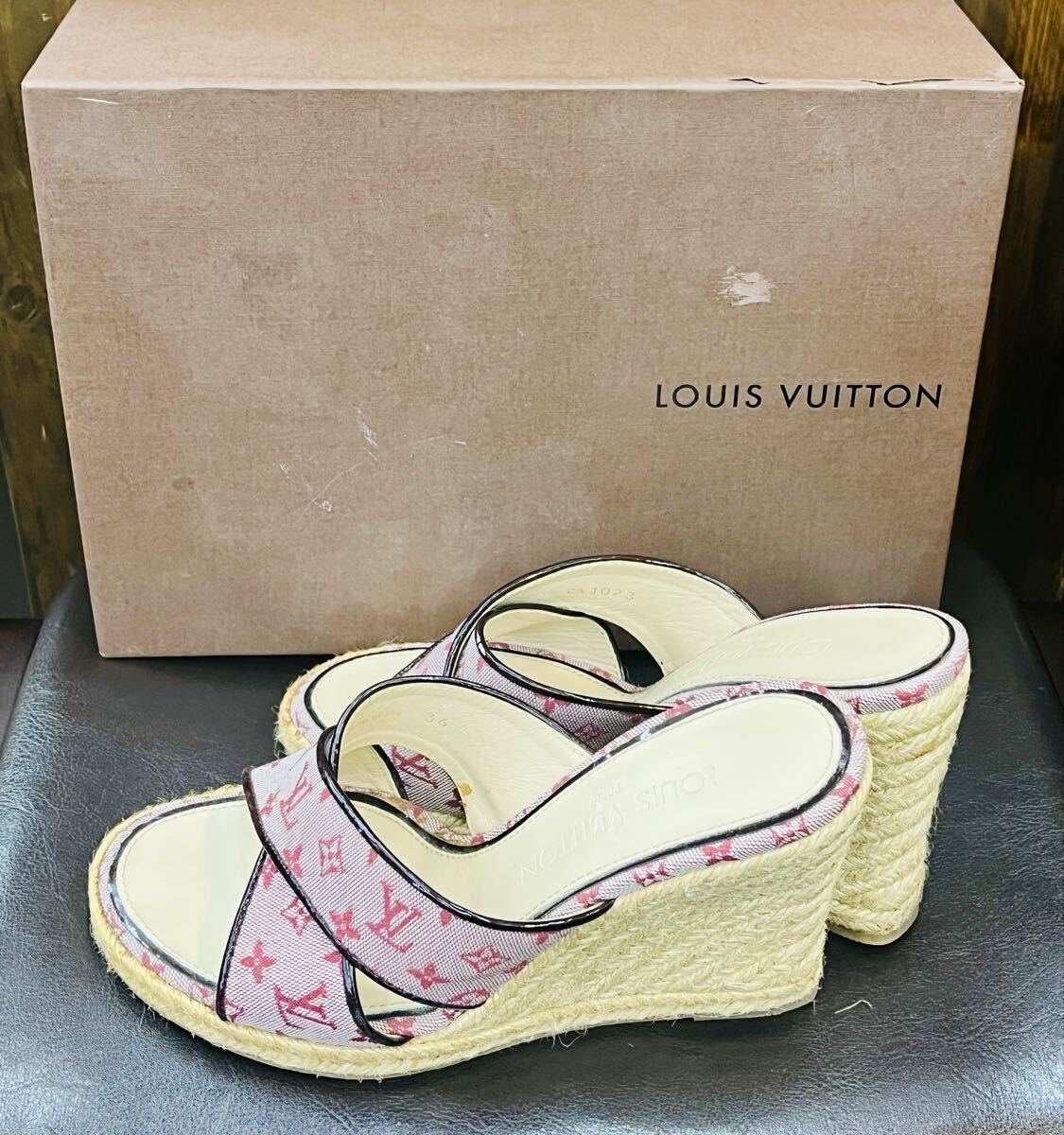  ◎送料無料◎良品 LOUIS VUITTON ルイヴィトンル モノグラム ロゴ ウェッジソール 36 サンダル ミュール 23cm 箱付★同梱不可