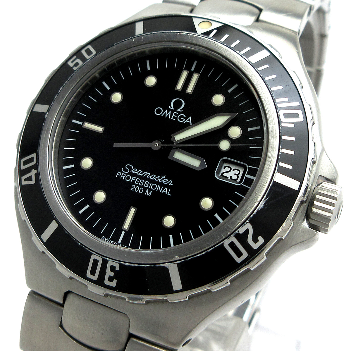 オメガ 時計 OMEGA シーマスター デイト メンズ 黒文字盤 396.1062 時計 SEAMASTER クォーツ OH済 稼動品
