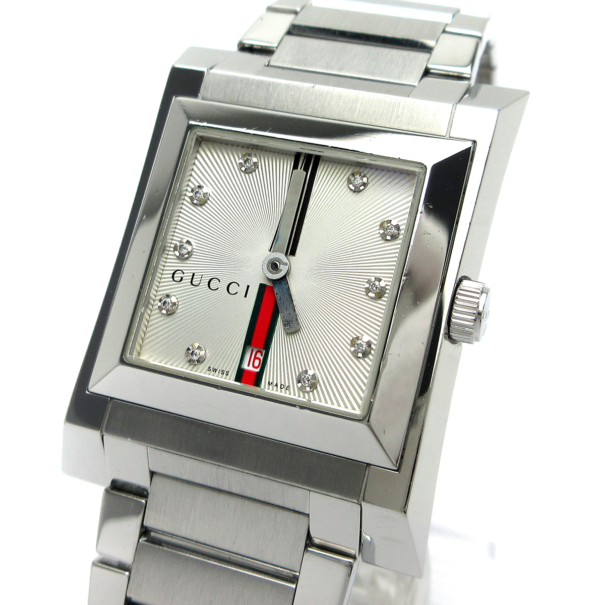 グッチ 時計 GUCCI 111J ウェビングライン ボーイズ ダイヤ10P シルバー YA111503 婦人 メンズ 箱 保証書