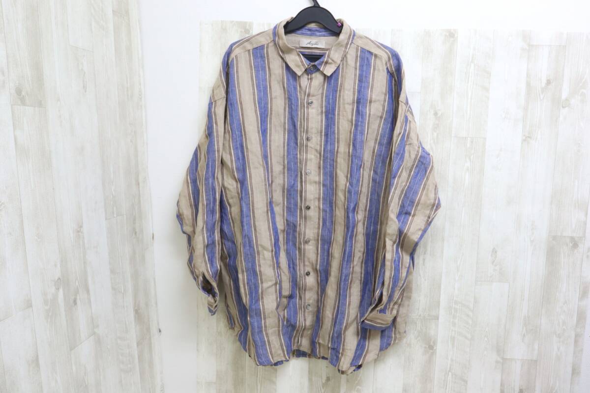 【ト萬】ichi antiquites イチ アンティーク ス ストライプ リネン ワイド ボタンシャツ ベージュ ブルー SA000RNP59