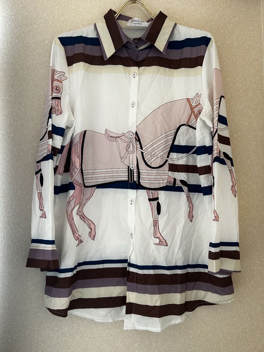 レトロ AMBERGER 古着 トップス ブラウス シャツ 馬柄 馬 長袖 白 ホワイト 総柄 値下げ