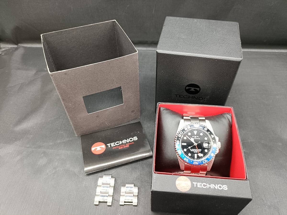 2★ TECHNOS テクノス T2134 腕時計 GMT ウォッチ デイト クォーツ メンズ 稼働品