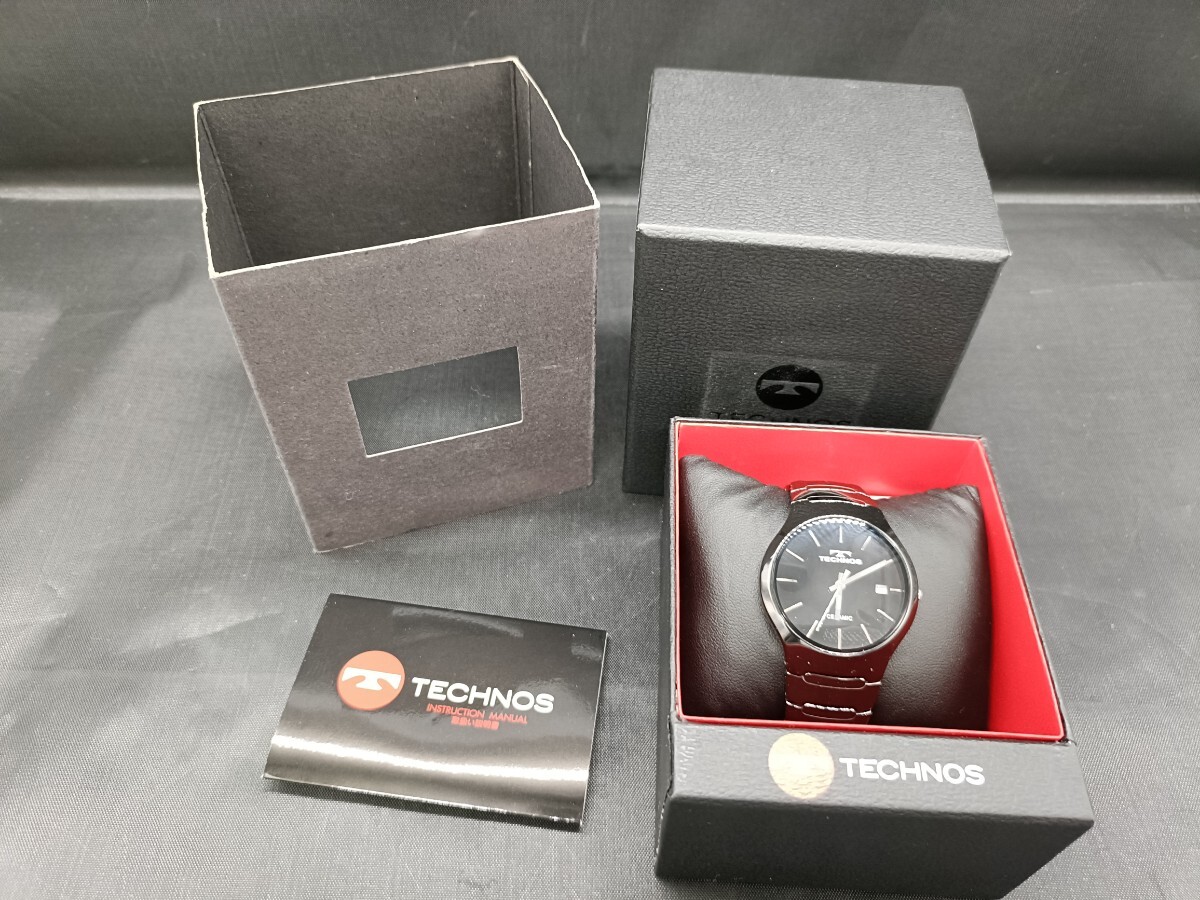 3★ TECHNOS テクノス T9660 腕時計 セラミック ウォッチ デイト クォーツ メンズ ブラック系 稼働品