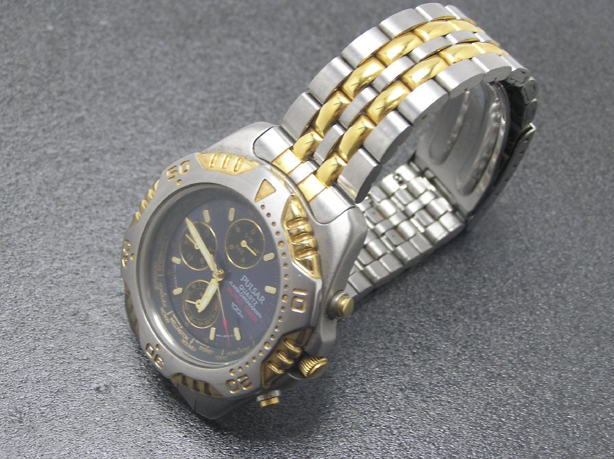 1円★ハローカメラ★ 0931 パルサー PULSAR メンズ クロノグラフ 100m防水 腕時計 ジャンク 要修理