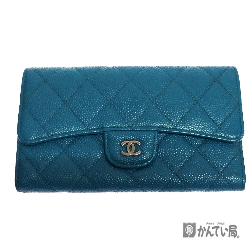 CHANEL シャネル 三つ折り 長財布 キャビアスキン ブルー 青 レディース 財布 ココマーク 札入れ 外箱布袋有り 小銭入れ 札入れ カード入れ