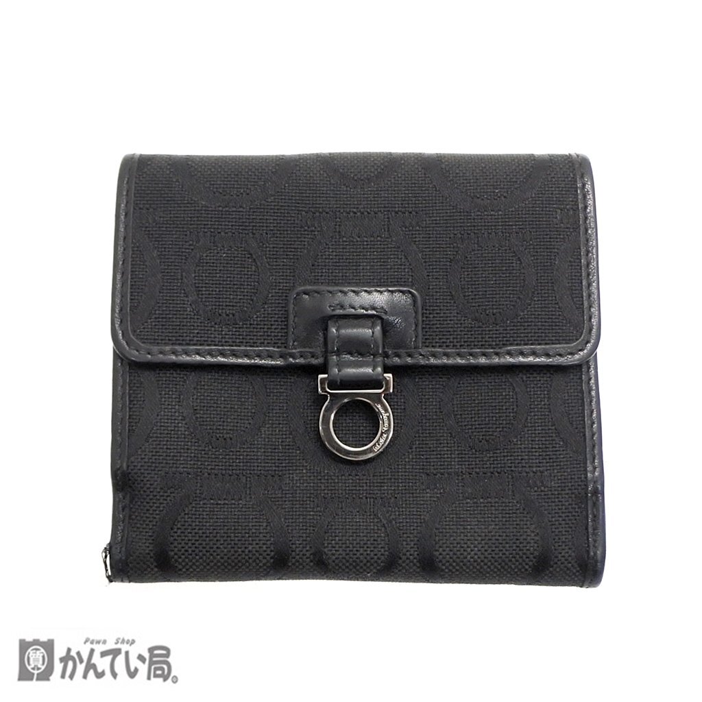 Salvatore Ferragamo サルヴァトーレフェラガモ ガンチーニ 二つ折り財布 ブラック 黒 キャンバス コンパクト クリックポスト発送