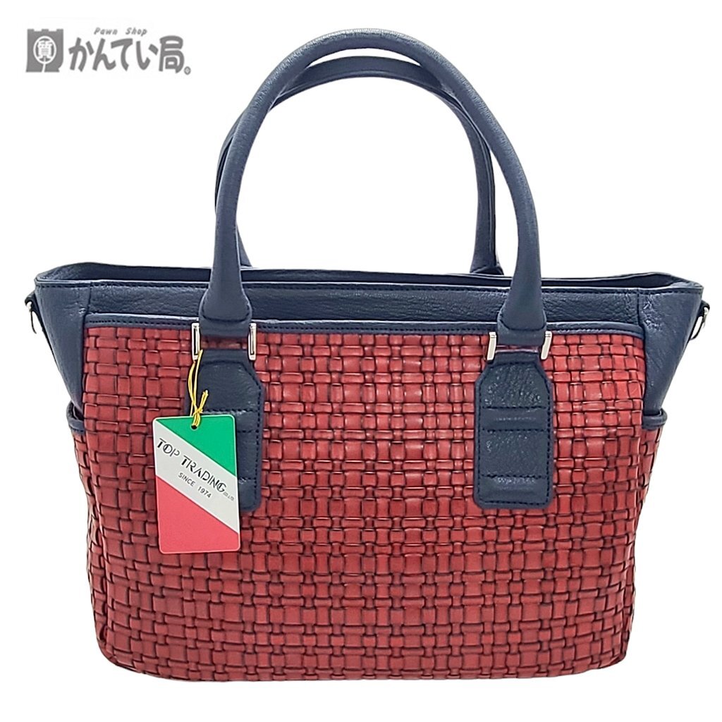 未使用品 本革 高級 バッファロー ゴート タグ付き Top Collection 2WAYバッグ レッド×ネイビー ハンドバッグ ショルダーバッグ