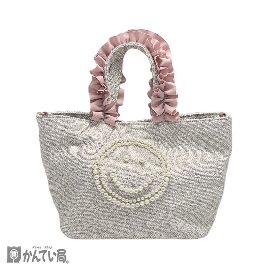 未使用 保管品 COOCO クーコ SMILY 2WAYバッグ ライトグレー×ピンク 大人かわいい ハンドバッグ スマイリー ホック開閉式 マチ有り