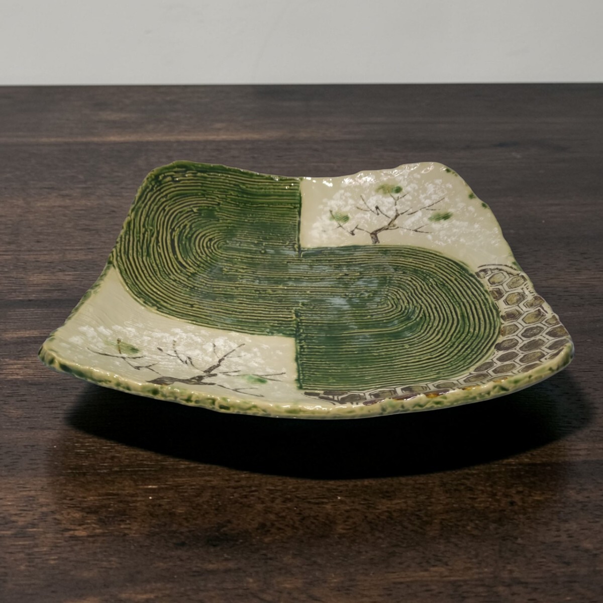 管W650 三洋陶器 龍峰窯 織部桜 長角大皿 約30cm 美濃焼 織部焼 変形皿 盛皿 和食器 陶器